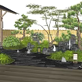 Japanese Courtyard Garden With Wooden Structures Stone Arrangement Pine Trees and Lanterns