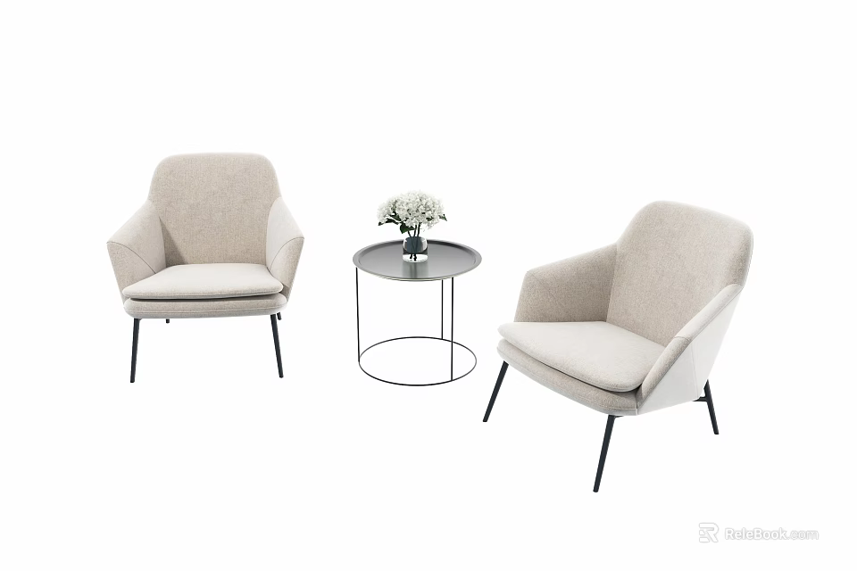 Beige Leisure Sofa Set with Modern Fabric Armchairs and Round Side Table with Flower Vase 3d model 