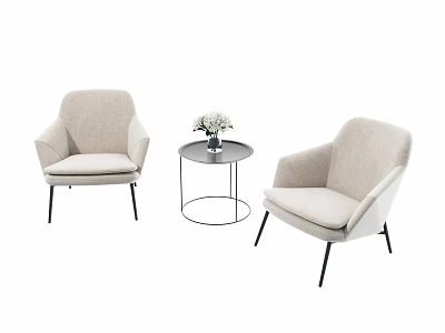 Beige Leisure Sofa Set with Modern Fabric Armchairs and Round Side Table with Flower Vase 3d model