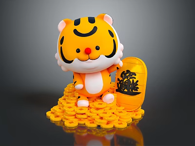 Decorative Ornament Set With Yellow Smiling Tiger Toy And Treasure Ornament On Pile Of Coins 3d model
