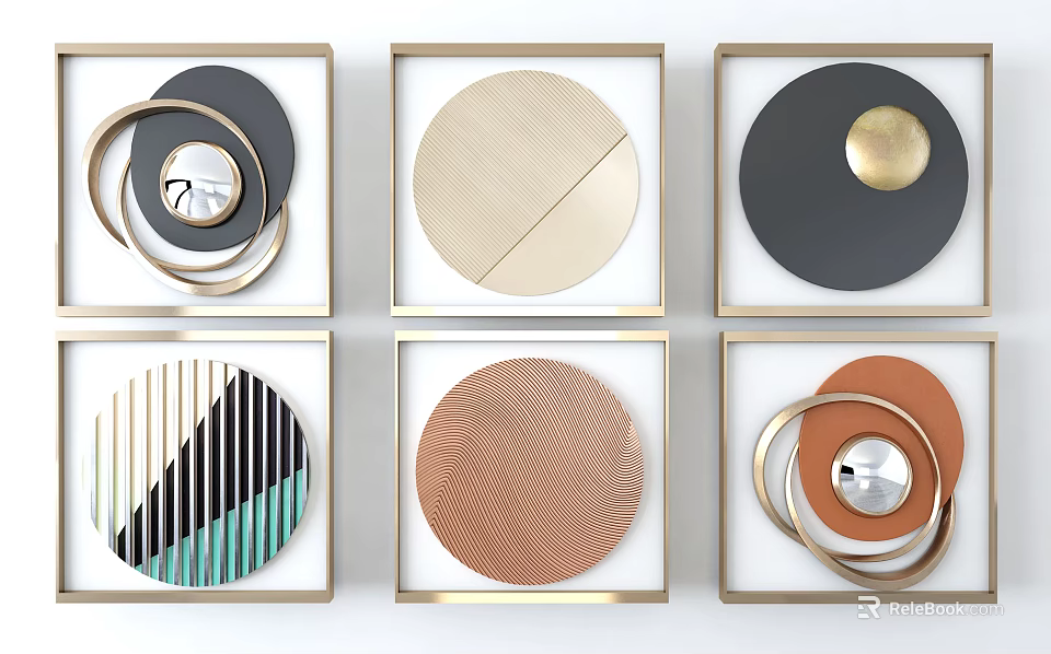 Modern Geometric Wall Decor With Diverse Shapes Metallic Frames And Colorful Patterns 3d model