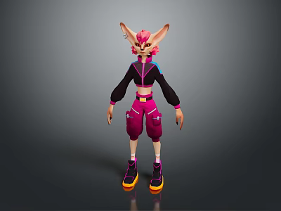 Game Movie Character Featuring Pink Hair Fox Ears Black Top Purple Pants Colorful Sole Shoes 3d model
