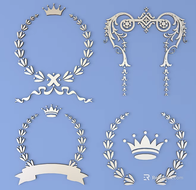 Intricate Decorative Carving Designs Featuring Wreath Crown And Floral Elements 3d model 