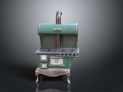 Vintage Style Green Stove Featuring Metal Parts Knobs And Decorative Stand 3d model