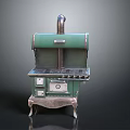 Vintage Style Green Stove Featuring Metal Parts Knobs And Decorative Stand