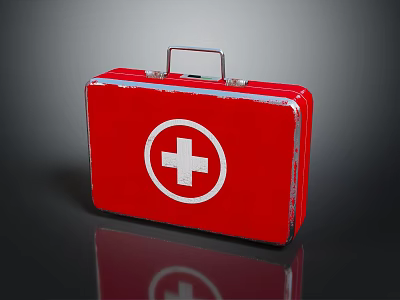 Red Metal First Aid Kit With White Cross Symbol And Portable Handle 3d model
