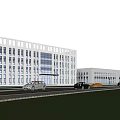 Modern Office Building With Glass Facade Lawn And Adjacent Structure With Cars