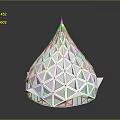 Modern Geometric White Conical Architectural Structure With Triangular Patterns And Orange Base