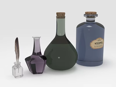 Decorative Glass Bottles And Inkwell With Quill In Various Shapes And Colors 3d model