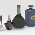 Decorative Glass Bottles And Inkwell With Quill In Various Shapes And Colors
