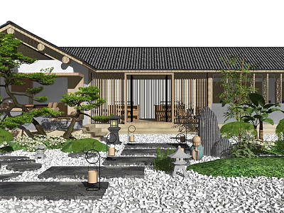 Rockery Stones in Traditional Chinese Courtyard with Green Plants Stone Lanterns and Pebble Path 3d model
