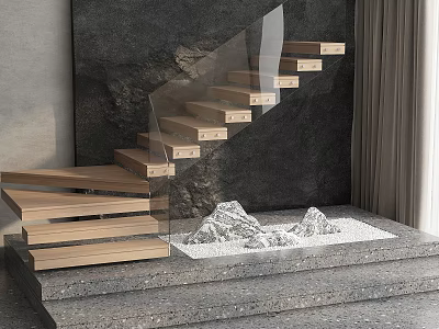 Modern Wooden Staircase With Transparent Glass Railing Dark Wall Decorative Rock And White Sand 3d model