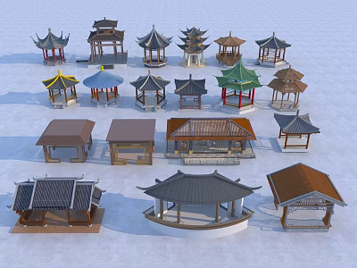 Traditional Pavilions Collection With Various Roof Shapes And Architectural Designs 3d model