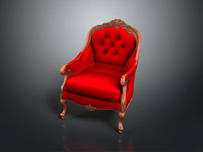 Classic Red Chair With Ornate Carved Wooden Arms And Tufted Upholstery 3d model