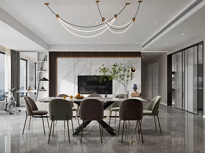 Modern Restaurant Interior With Dining Table Chairs Chandelier Green Plant And Decorative Wall 3d model