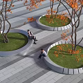 Circular Tree Planter With Grass And Orange Trees People Sitting On Edge In Paved Area