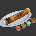 Traditional South Indian Dosa on White Oval Plate with Colorful Chutney Cups
