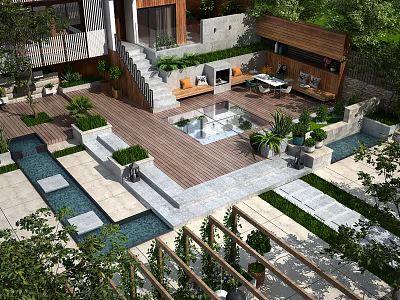 Modern Garden Landscape Design With Patio Steps Water Feature And Outdoor Seating 3d model