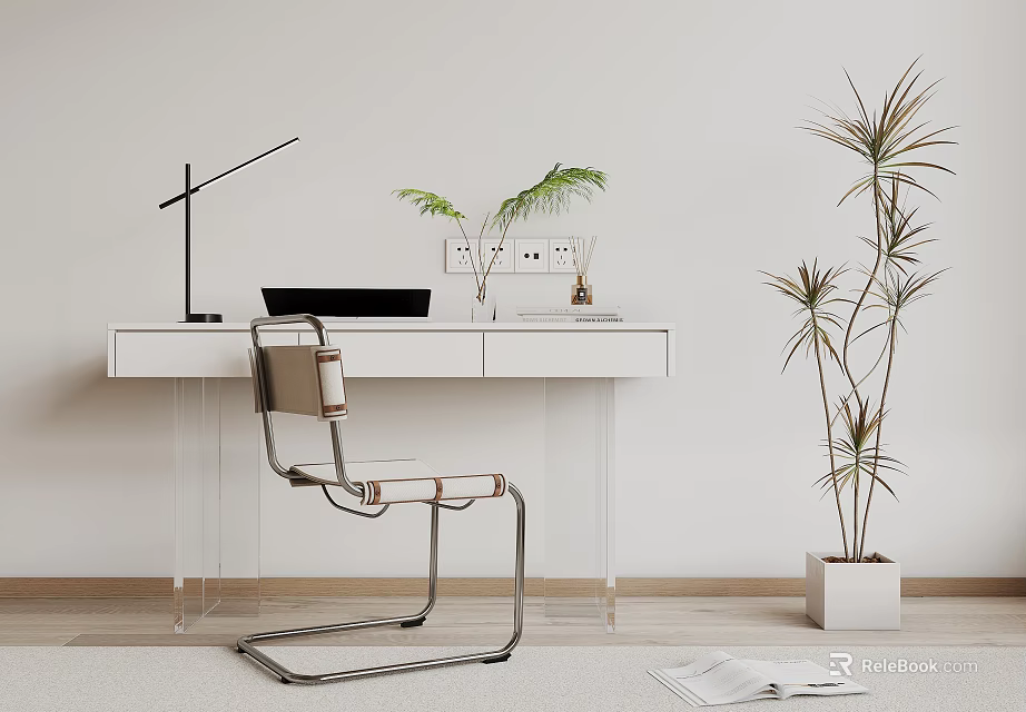 White Home Office Desk With Clear Acrylic Legs Black Lamp Green Plants And Chair 3d model 