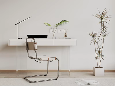 White Home Office Desk With Clear Acrylic Legs Black Lamp Green Plants And Chair 3d model
