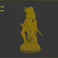 Fantasy Female Warrior Statue With Golden Armor And Dual Swords On Black Base