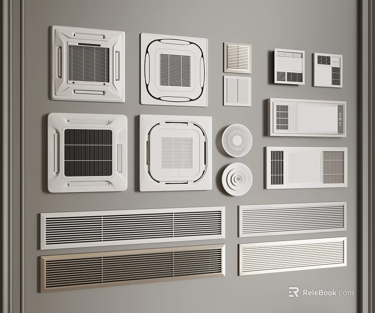 Different Types of White Air Conditioning Vents with Modern Grille and Panel Designs 3d model 
