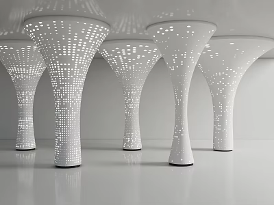 White Perforated Columns With Modern Design And Geometric Holes In Spacious Interior 3d model