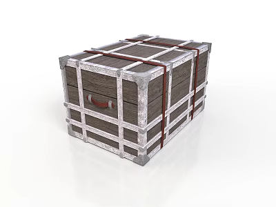 Realistic Style Wooden Box Wooden Box Metal Reinforced Red Strap with Handle Wooden Box Furniture Furniture Realistic Cartoon 3d model