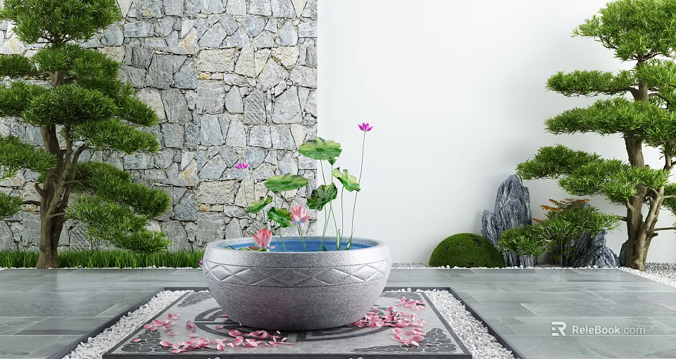 Courtyard Garden Featuring Stone Basin With Lotus Flowers Green Plants Stone Wall Pebbles And Petals 3d model 