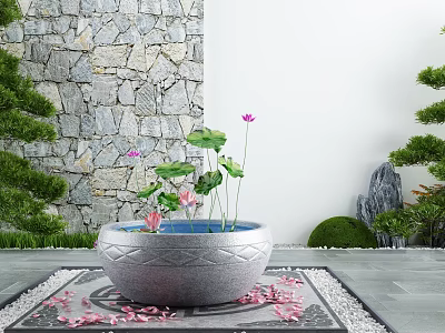Courtyard Garden Featuring Stone Basin With Lotus Flowers Green Plants Stone Wall Pebbles And Petals 3d model