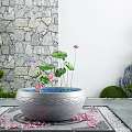 Courtyard Garden Featuring Stone Basin With Lotus Flowers Green Plants Stone Wall Pebbles And Petals