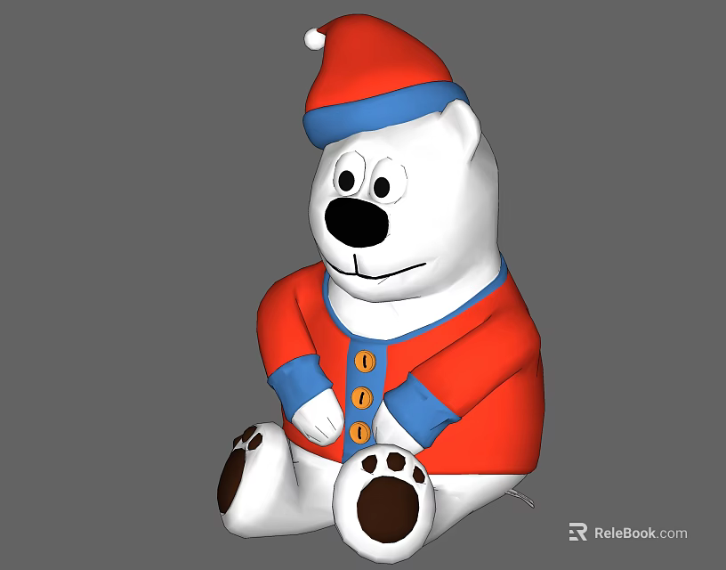 Cute Polar Bear Stuffed Toy In Red Coat With Blue Buttons And Red Hat 3d model 