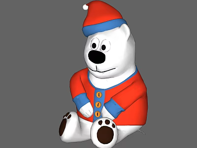 Cute Polar Bear Stuffed Toy In Red Coat With Blue Buttons And Red Hat 3d model