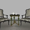 Two Vintage Leisure Chairs With Patterned Fabric Black Frame And Round Table On White Rug