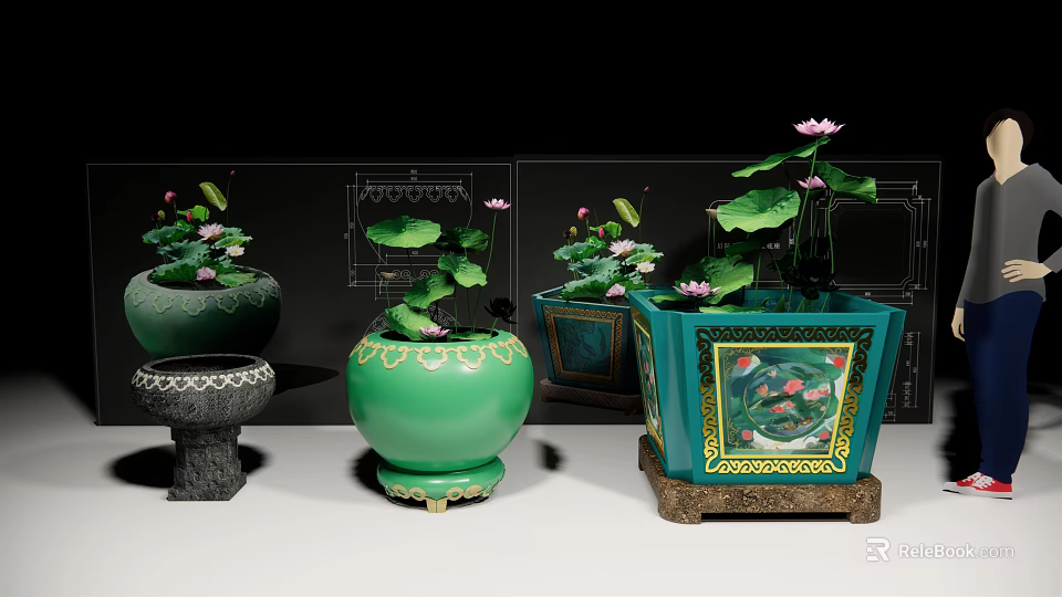 Decorative Aquarium Fish Tanks Featuring Green Bodies and Lotus Water Lilies 3d model 