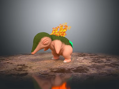 Game Movie Character With Pink Body Green Back And Flaming Top Standing On Textured Ground 3d model