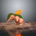 Game Movie Character With Pink Body Green Back And Flaming Top Standing On Textured Ground