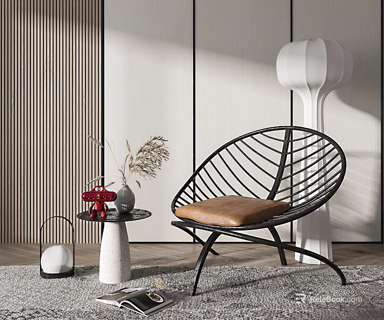 Modern Black Woven Leisure Chair With Brown Cushion Side Table Vase And White Floor Lamp 3d model 