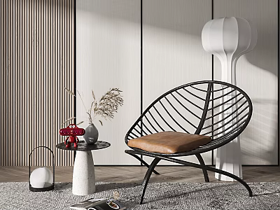 Modern Black Woven Leisure Chair With Brown Cushion Side Table Vase And White Floor Lamp 3d model
