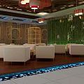 Chinese Style Restaurant Interior With Wooden Ceiling Red Pendant Lights And Beige Sofas