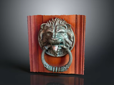 Carved Metal Lion Head Door Knocker On Reddish Brown Wooden Board 3d model