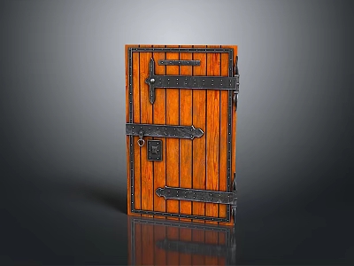 Rustic Brown Wooden Main Door With Metal Hinges And Decorative Lock Design 3d model