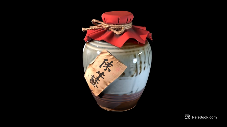 Ceramic Wine Jar With Red Cloth Cover Tied Rope And Aged Wine Label 3d model 