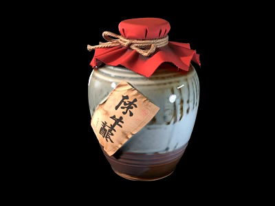 Ceramic Wine Jar With Red Cloth Cover Tied Rope And Aged Wine Label 3d model