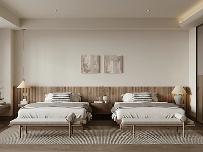 Modern Hotel Guest Room With Twin Beds Wooden Headboard Wall Paintings Bedside Lamps And Bed Bench 3d model