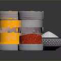 Glass Spice Jars With Metal Lids Containing Red Orange Brown Spices And White Powder Bowl