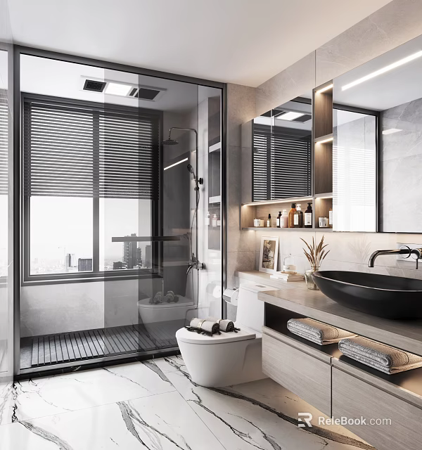 Modern Bathroom Interior With Glass Shower Enclosure Blinds Large Mirror Marble Countertop And Black Basin 3d model 