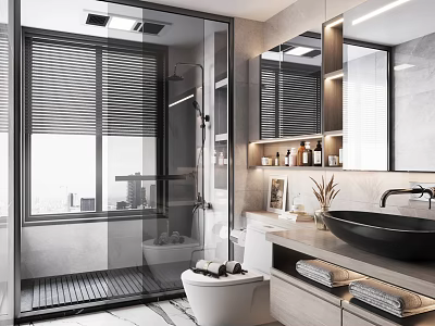 Modern Bathroom Interior With Glass Shower Enclosure Blinds Large Mirror Marble Countertop And Black Basin 3d model