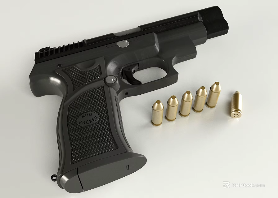 Black Tactical Pistol With Textured Grip And Brass Bullets On White Surface 3d model 