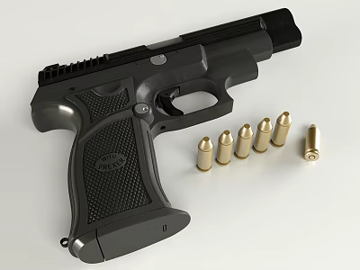 Black Tactical Pistol With Textured Grip And Brass Bullets On White Surface 3d model Black Tactical Pistol With Textured Grip And Brass Bullets On White Surface 3d model